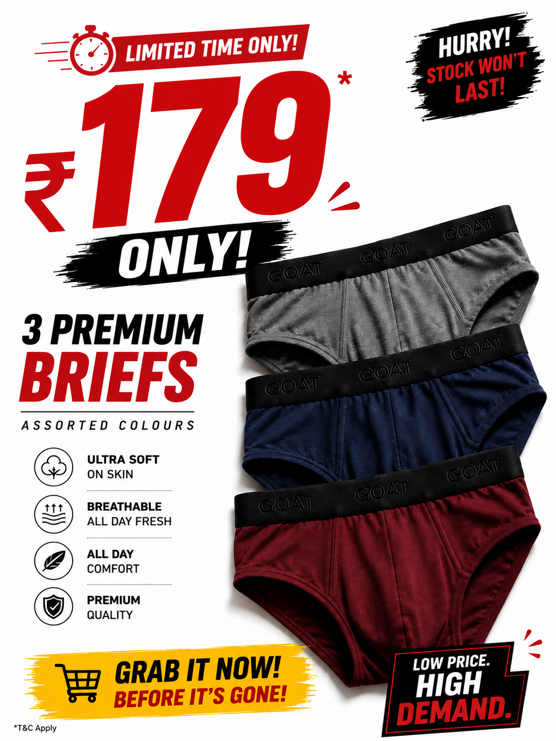 HOT DEAL – GOAT Premium Men's Briefs – Assorted Pack of 3
