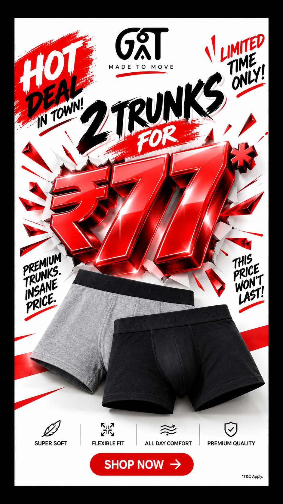 HOT DEAL - GOAT Premium Men's Trunks - Assorted Colours Pack of 2 | Limited Time Deal