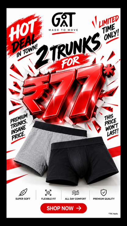 HOT DEAL - GOAT Premium Men's Trunks - Assorted Colours Pack of 2 | Limited Time Deal