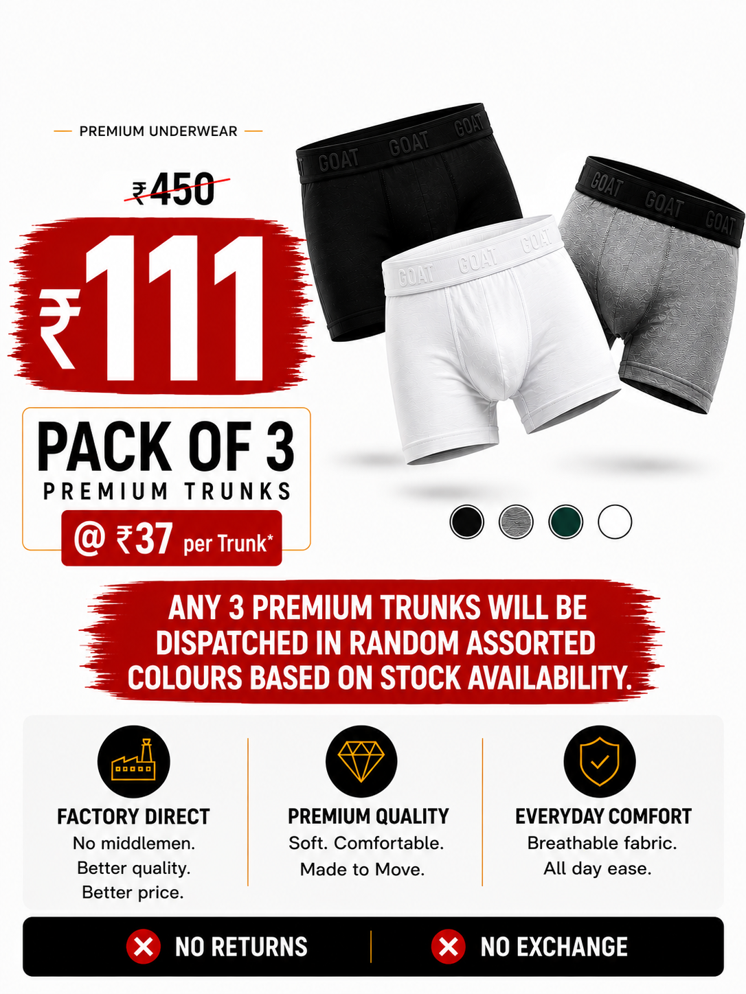 GOAT HOT DEAL – 3 Men's Premium Underwear Trunks (Assorted Colours)
