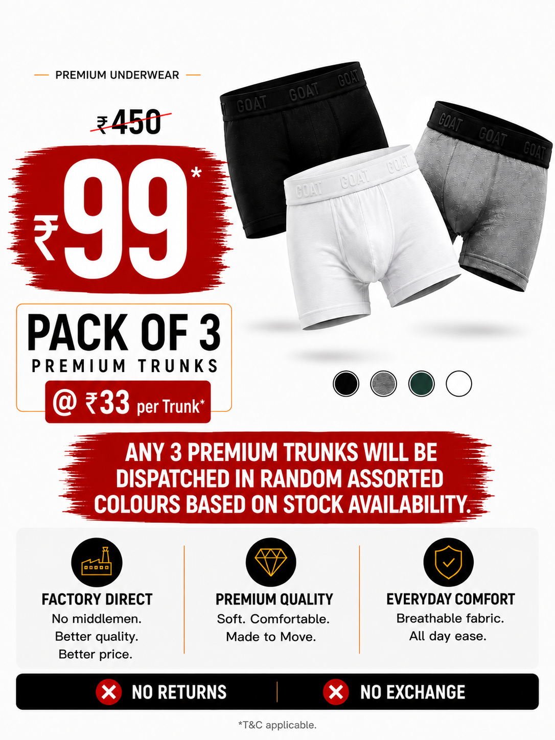 GOAT Premium Men's Trunks Pack of 3 assorted colours