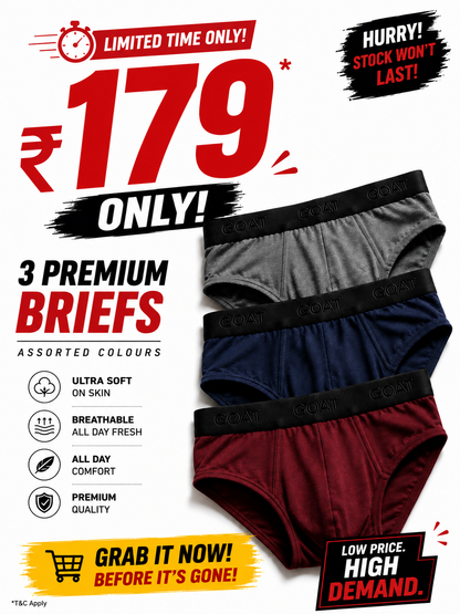 HOT DEAL – GOAT Premium Men's Briefs – Assorted Pack of 3