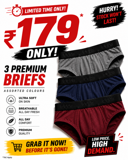 HOT DEAL – GOAT Premium Men's Briefs – Assorted Pack of 3