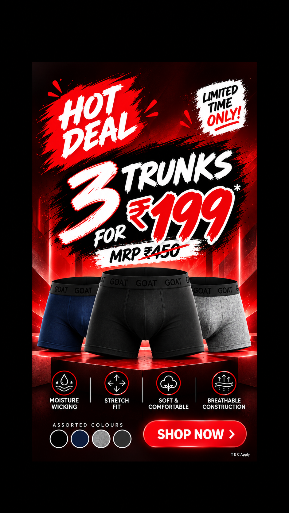 HOT DEAL – GOAT Premium Men's Trunks – Assorted Pack of 3 | Limited Time Deal