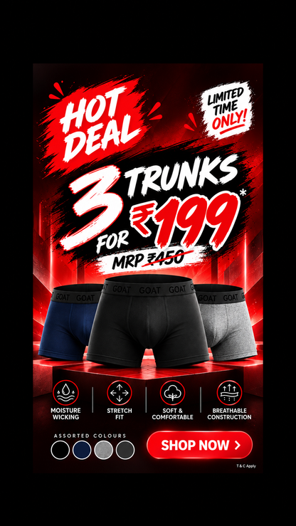 HOT DEAL – GOAT Premium Men's Trunks – Assorted Pack of 3 | Limited Time Deal