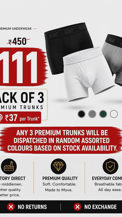 GOAT HOT DEAL – 3 Men's Premium Underwear Trunks (Assorted Colours)